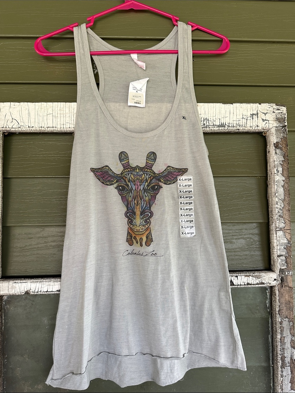 MV Sport Women's Gray Tank Top with Colorful Giraffe Graphic